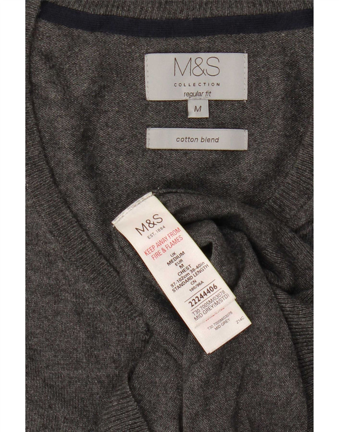 Мужской джемпер с v-образным вырезом Marks & Spencer среднего серого цвета, хлопковый