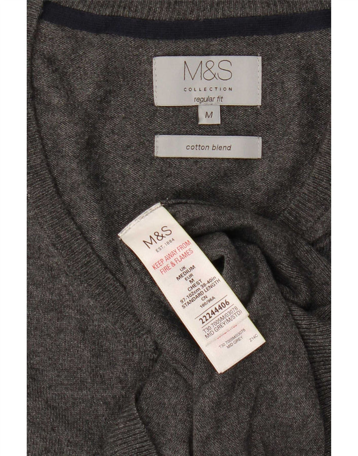 Мужской джемпер с v-образным вырезом Marks & Spencer среднего серого цвета, хлопковый