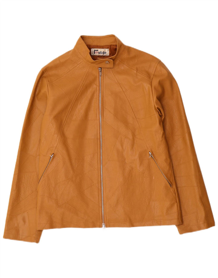 Винтажная женская куртка из искусственной кожи UK 14, большая бежевая лоскутная поливиниловая ткань