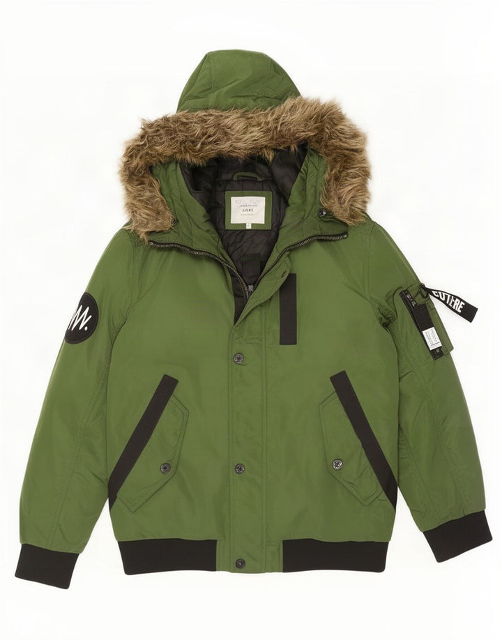 Мужская утепленная куртка-бомбер Jack & Jones с капюшоном UK 40, большой зеленый полиэстер