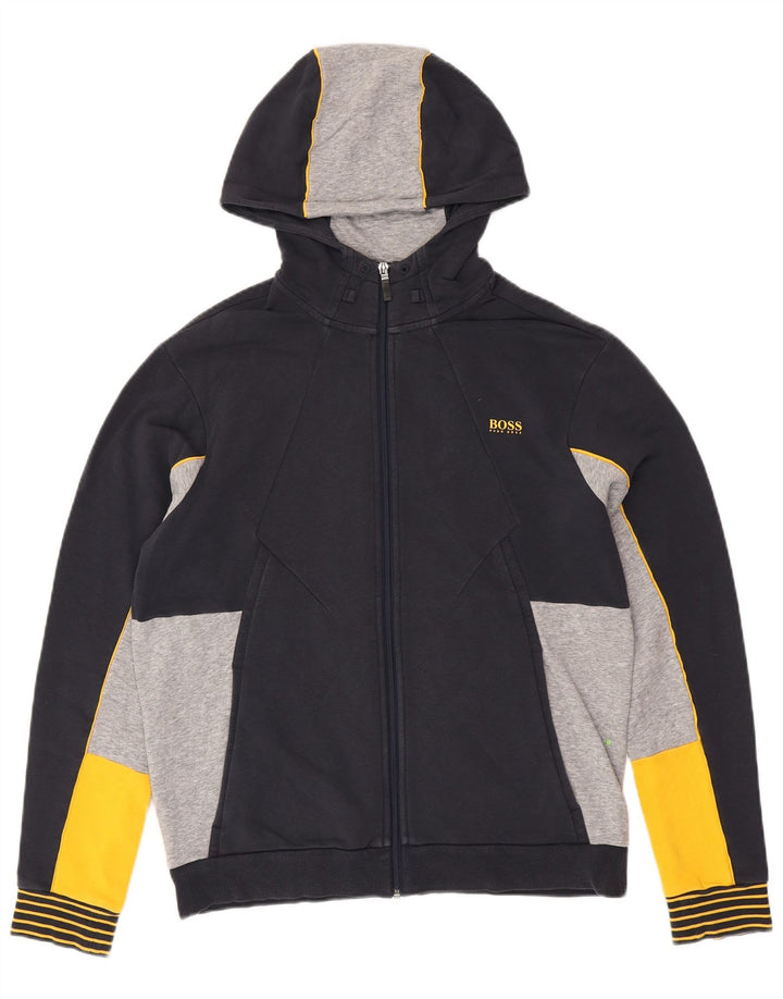 Мужской свитер с капюшоном на молнии обычного кроя HUGO BOSS, большой темно-синий, с цветными блоками