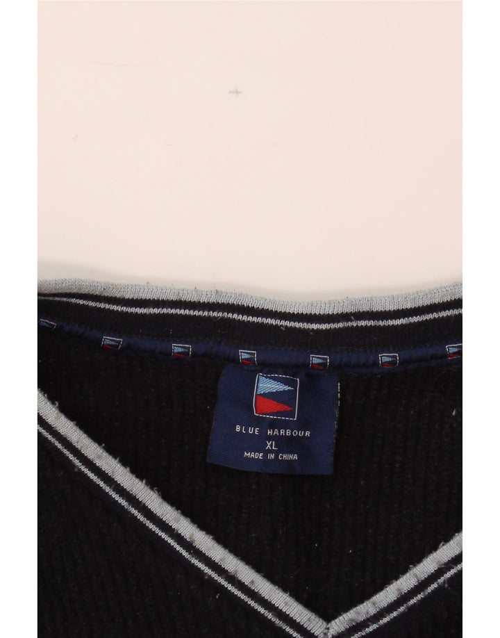MARKS & SPENCER Mens V-Neck Jumper Sweater XL Navy Blue Polyester Vintage Marks & Spencer and Second-Hand Marks & Spencer from Messina Hembry 