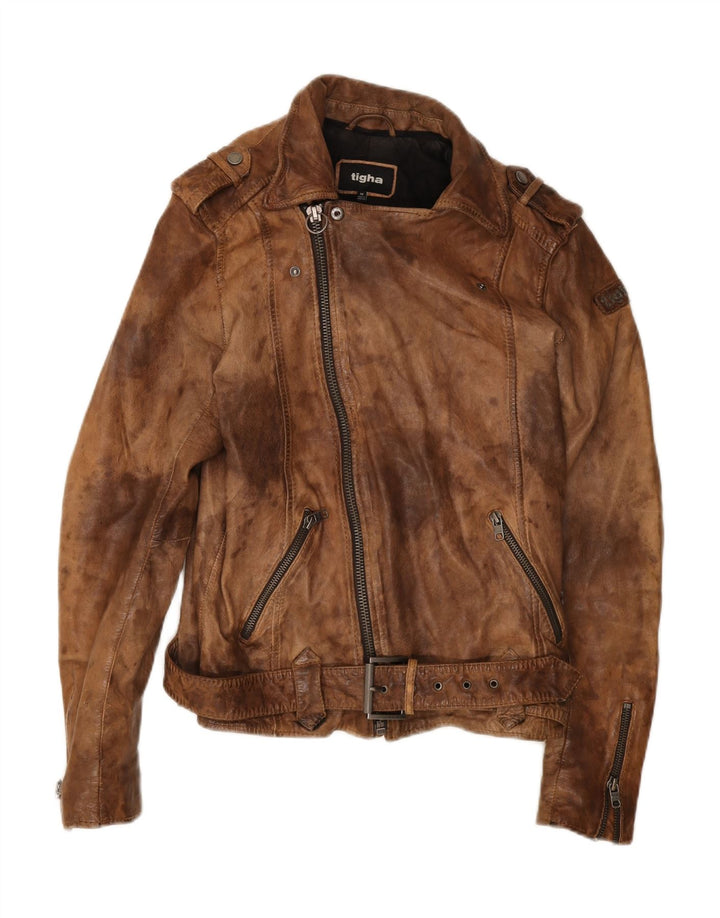 TIGHA Womens Leather Jacket UK 14 Medium Brown Vintage Tigha and Second-Hand Tigha from Messina Hembry 