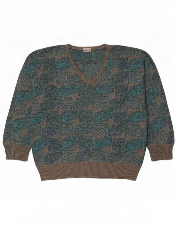 Fiume Mens V-Neck Jumper Sweater IT 50 Medium Blue Geometric