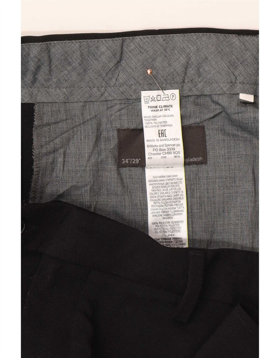 Мужские брюки стандартного костюма Marks & Spencer W34 L29, черный полиэстер