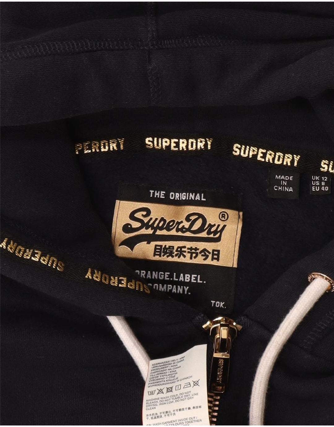 Женский свитер с капюшоном на молнии с графическим рисунком Superdry UK 12, средний темно-синий, хлопок