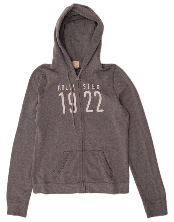 Женский свитер с капюшоном на молнии с графическим рисунком Hollister UK 12, хлопковый средний серый цвет
