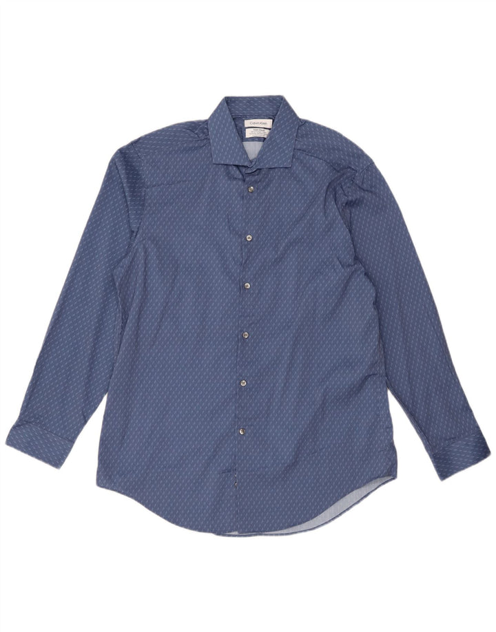 Мужская рубашка приталенного кроя Calvin Klein, размер 16, 1/2, большая синяя, полиэстер с геометрическим рисунком