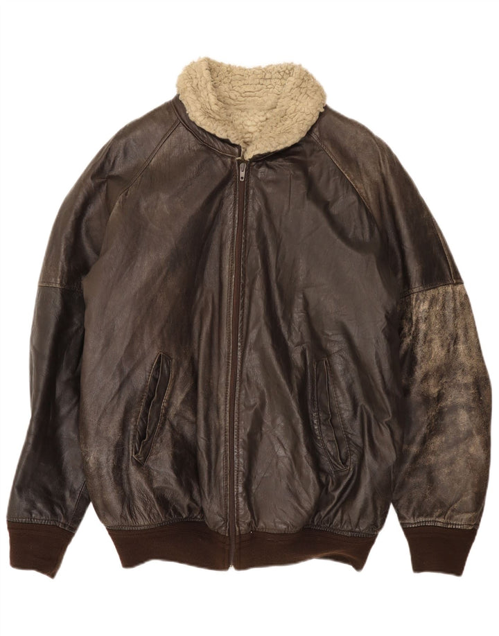 Винтажная мужская кожаная куртка из шерпы IT 52 XL Коричневая