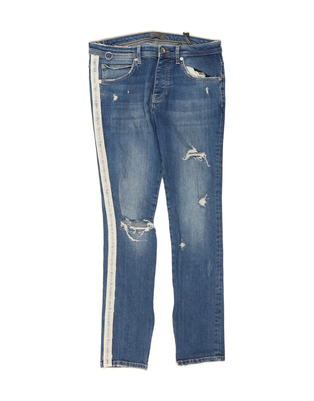 ZARA Mens Graphic Distressed Slim Jeans W31 L30 Blue Cotton Vintage Zara and Second-Hand Zara from Messina Hembry 
