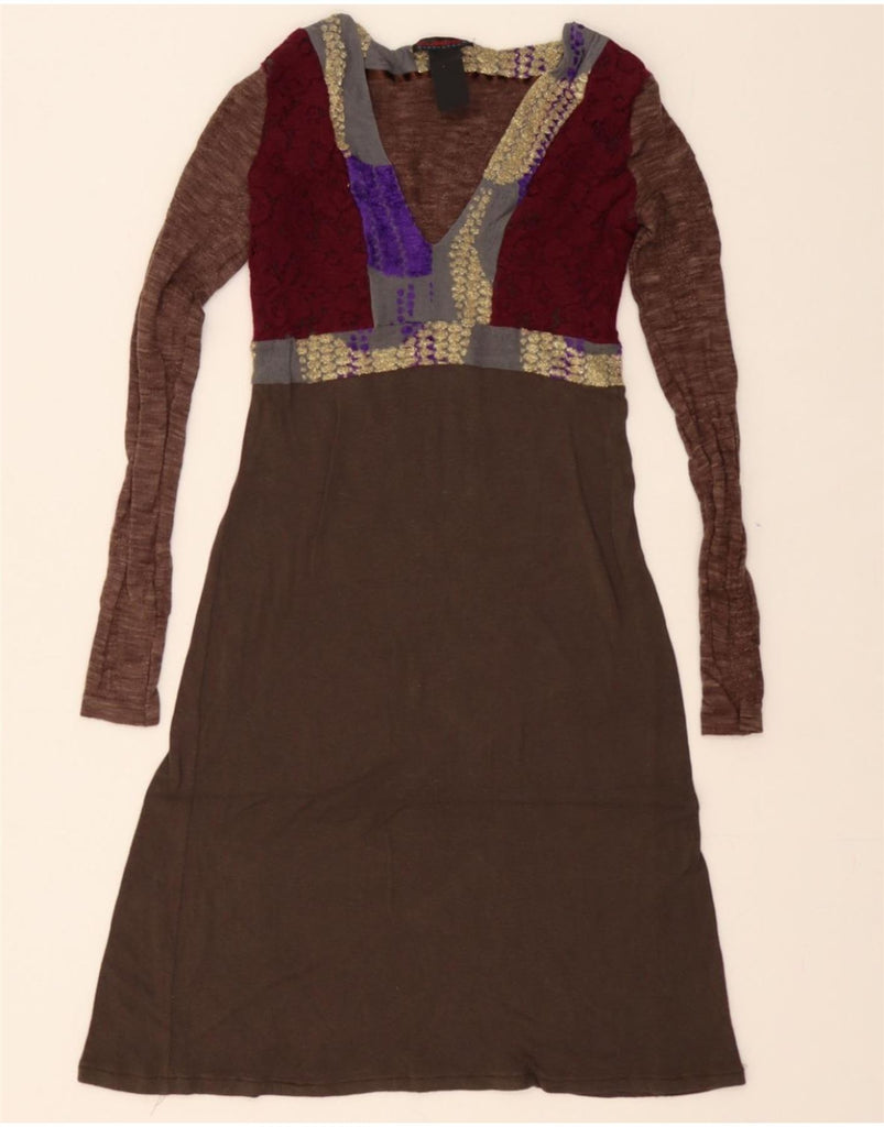 CUSTO BARCELONA Womens Long Sleeve A-Line Dress UK 4 XS Brown Colourblock Vintage Custo Barcelona and Second-Hand Custo Barcelona from Messina Hembry 