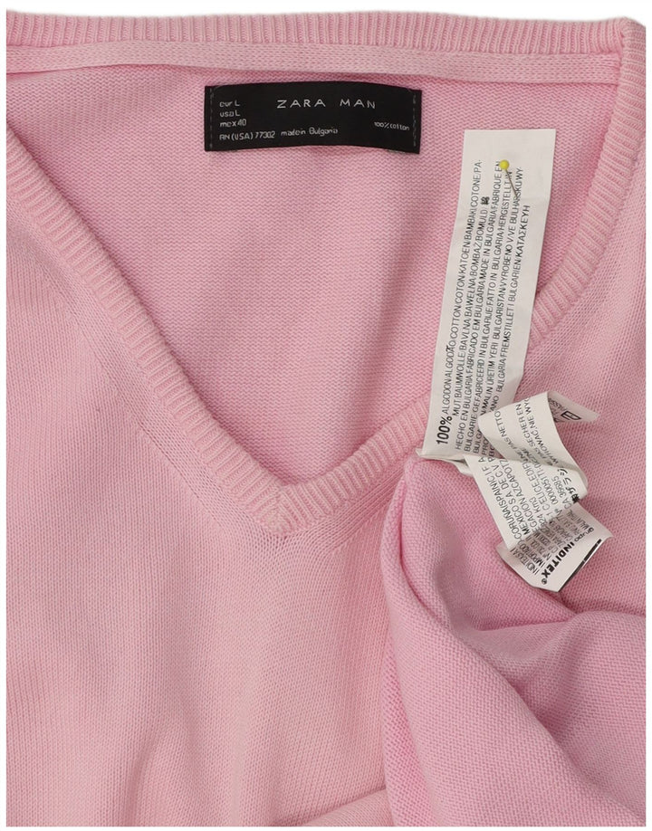 Мужской джемпер с v-образным вырезом Zara, большой розовый хлопковый свитер