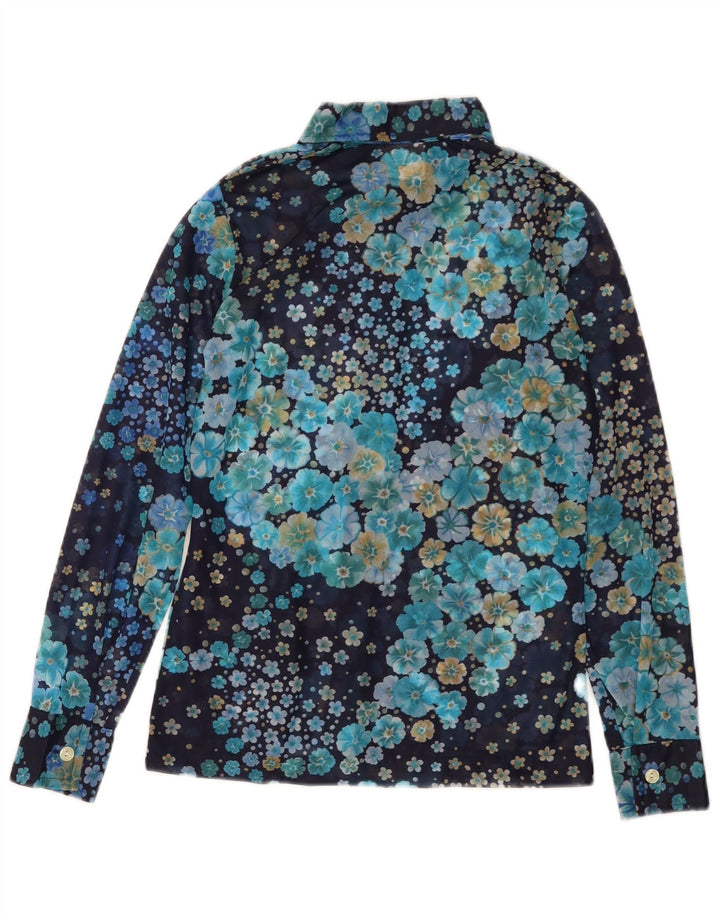 Женская блузка-рубашка VINTAGE UK 10, маленькая, темно-синяя с цветочным принтом, полиамид