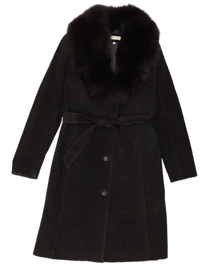 Винтажное женское замшевое пальто IT 46, большое черное кожаное