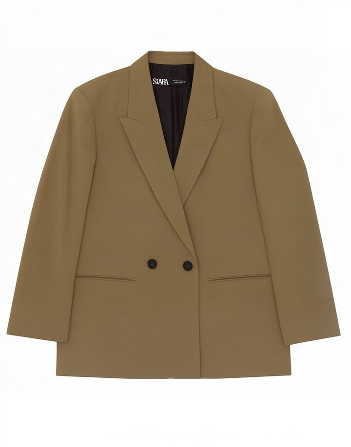 Женский двубортный пиджак Zara UK 14, средний цвет хаки, полиэстер