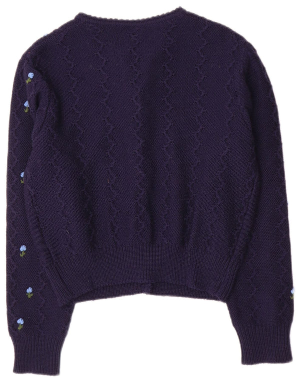 Винтажный женский укороченный кардиган-свитер UK 12, средний темно-синий с цветочным принтом