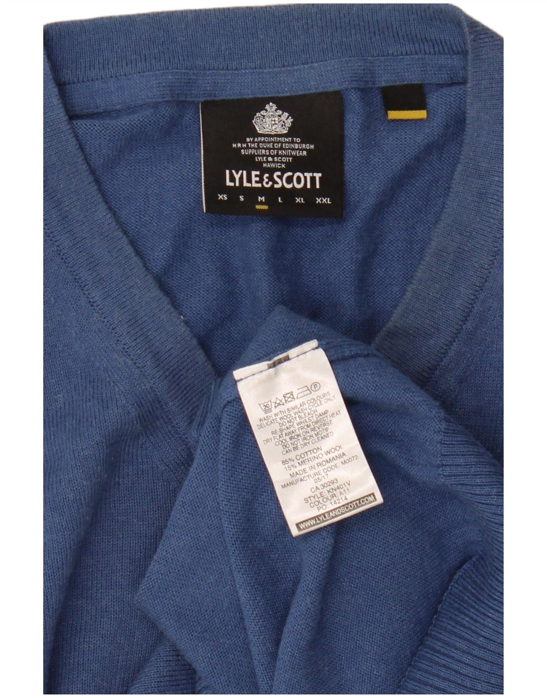 Мужской джемпер с v-образным вырезом Lyle & Scott, хлопковый свитер среднего синего цвета