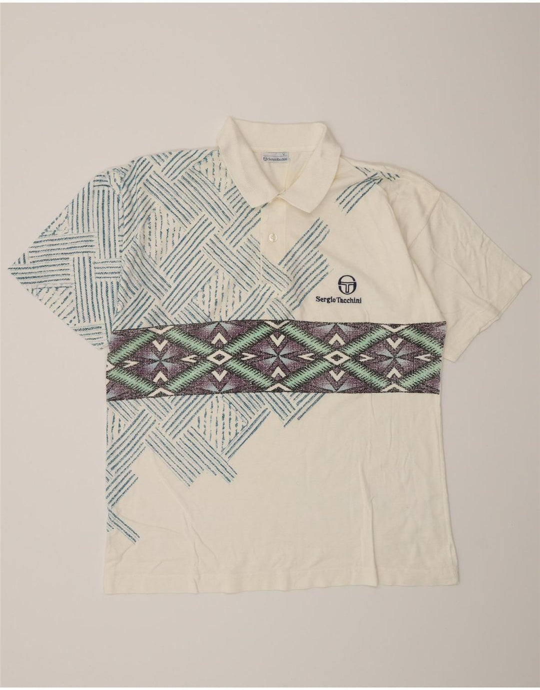 Мужская рубашка-поло Sergio Tacchini IT 50, средний белый хлопок с геометрическим рисунком