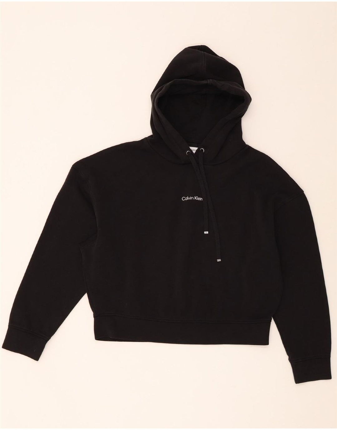 Calvin Klein Женский укороченный джемпер с капюшоном оверсайз UK 14, средний черный хлопок