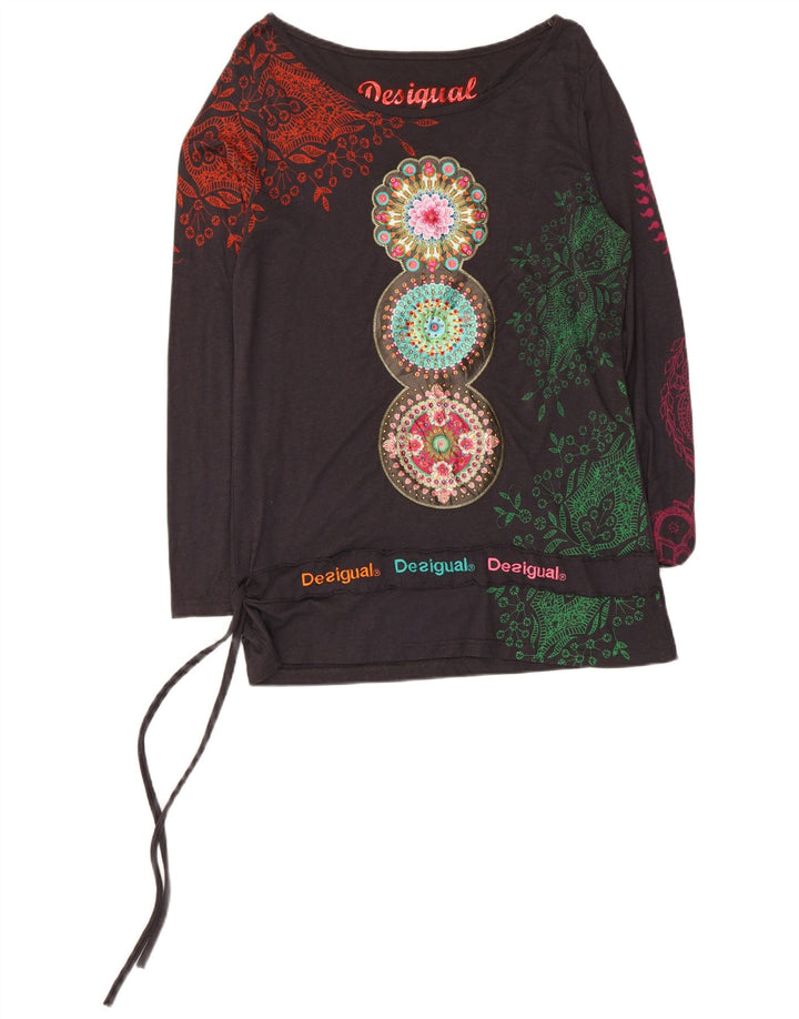 Женский топ Desigual с длинным рукавом и рисунком, Великобритания 12, средний черный с цветочным принтом