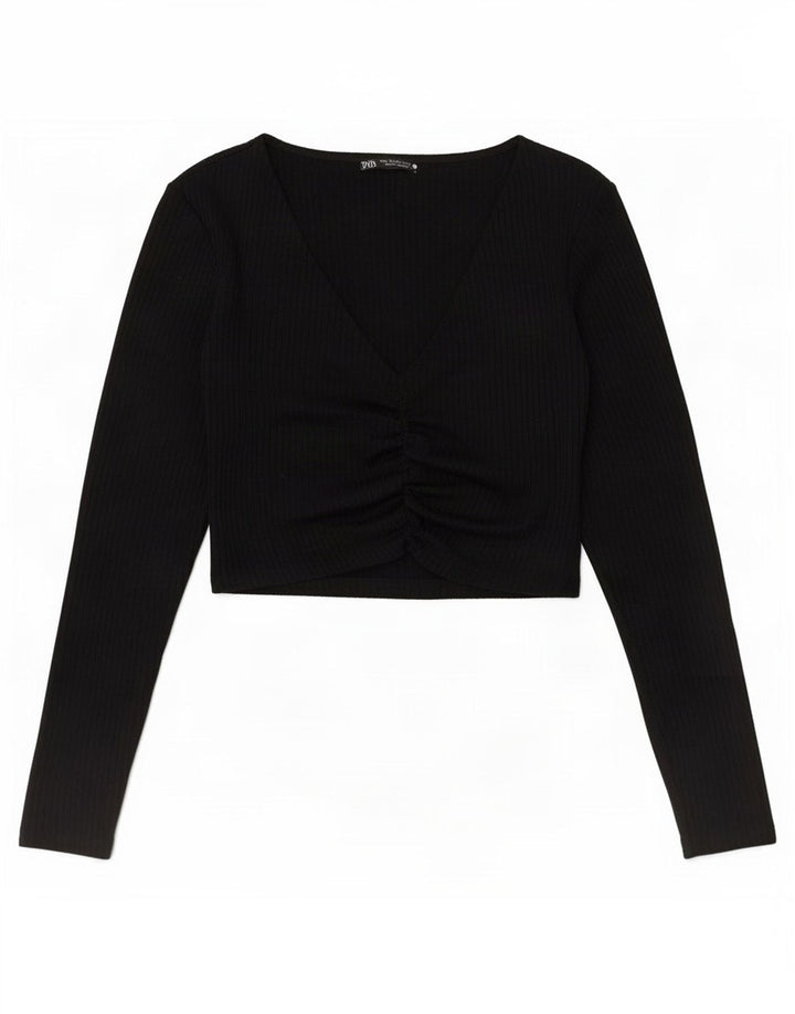Женский укороченный топ Zara UK 12 с длинным рукавом, средний черный полиэстер