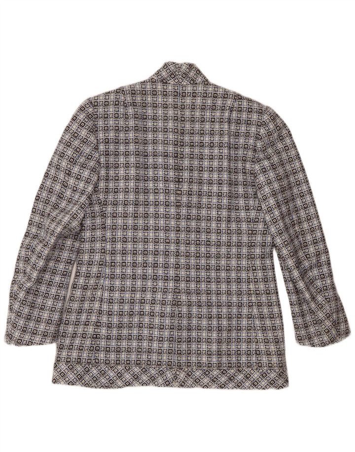 Винтажный женский пиджак на 3 пуговицах, Великобритания 14, средний синий с геометрическим узором