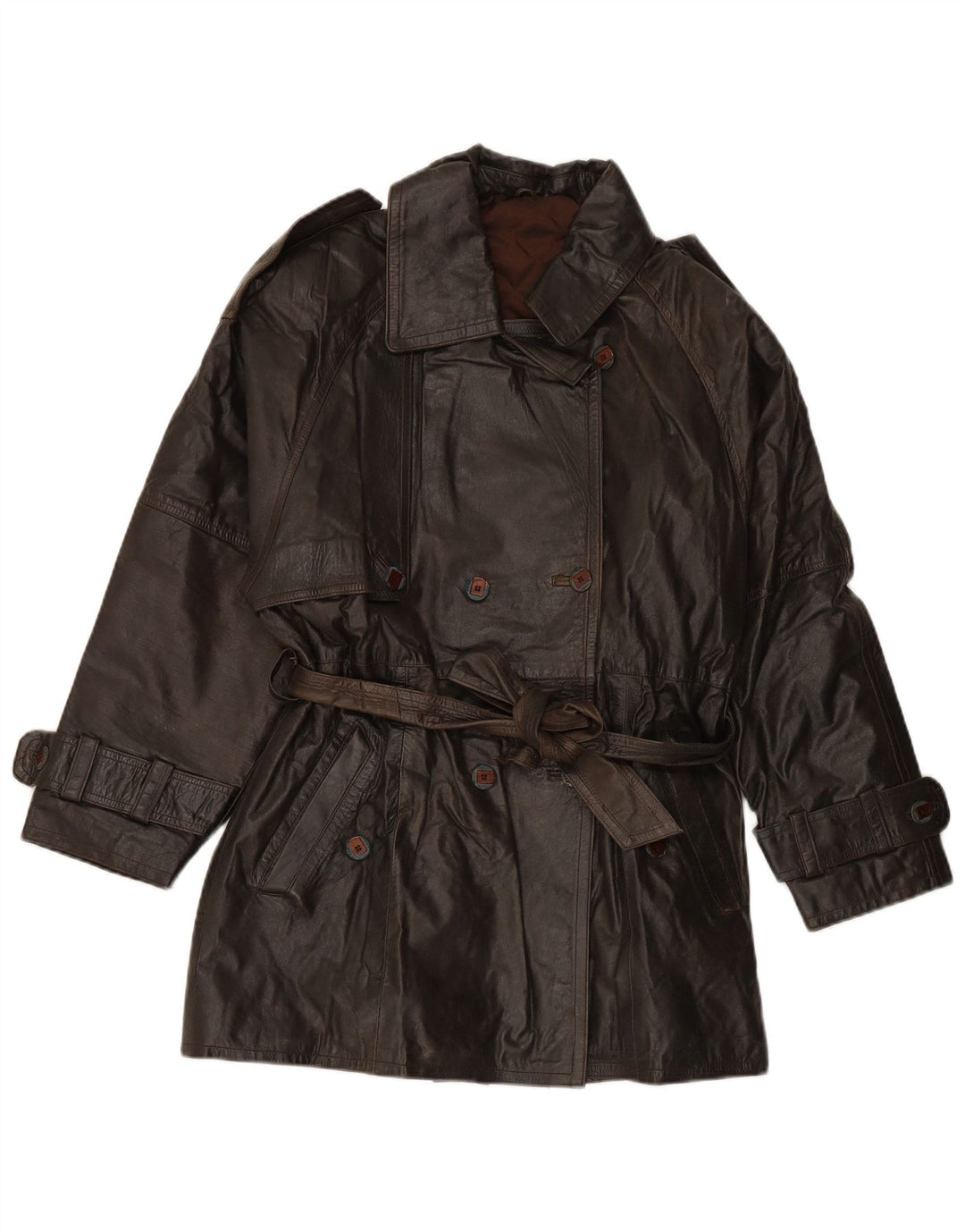 ВИНТАЖНОЕ женское двубортное кожаное пальто EU 38, кожа среднего коричневого цвета