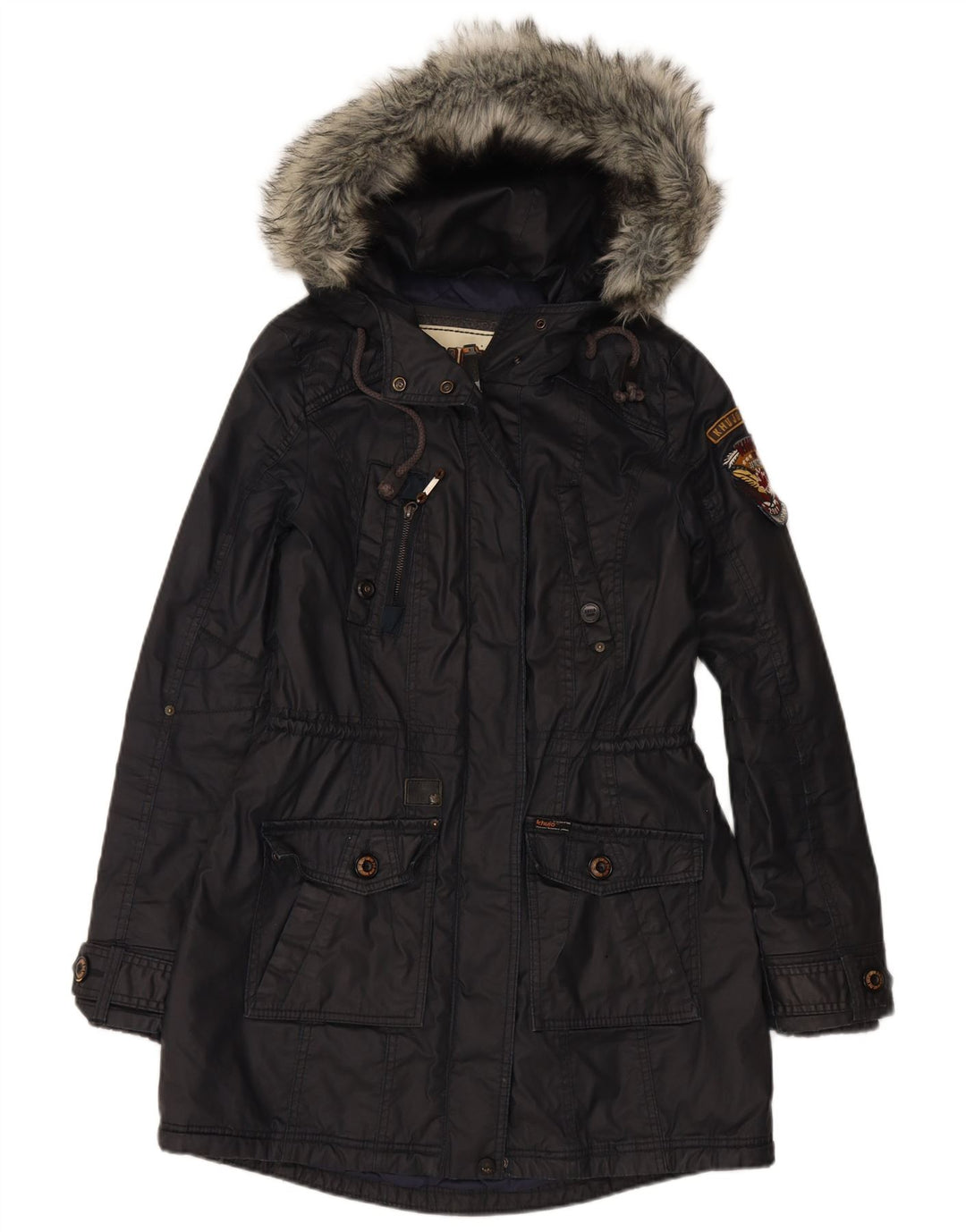 KHUJO Womens Hooded Parka Jacket UK 14 Medium Navy Blue Cotton