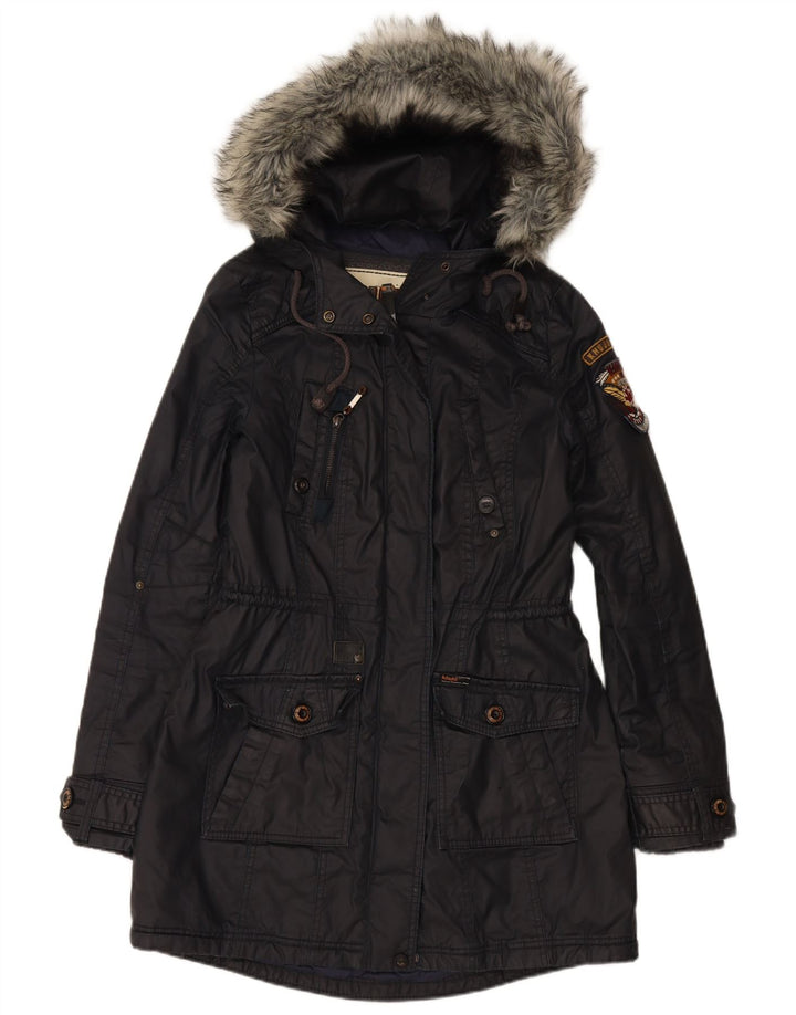 KHUJO Womens Hooded Parka Jacket UK 14 Medium Navy Blue Cotton