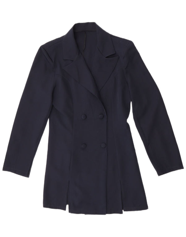 Винтажное женское двубортное пальто UK 14, средний темно-синий полиэстер