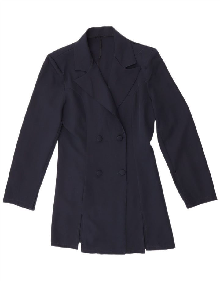 Винтажное женское двубортное пальто UK 14, средний темно-синий полиэстер