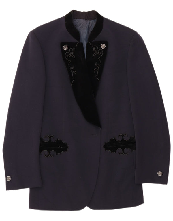 Vintage Womens Longline Blazer Jacket UK 14 Medium Navy Blue Colourblock