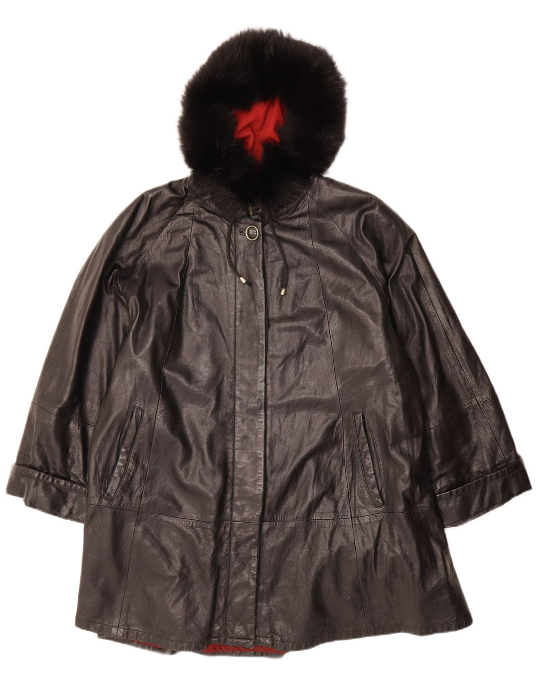 VINTAGE Женское кожаное пальто оверсайз с капюшоном IT 42 Medium Black Leather