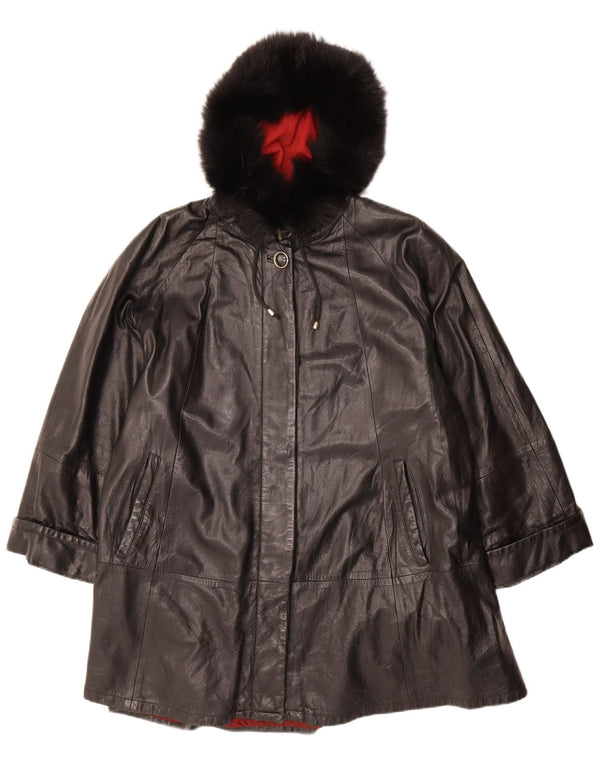 VINTAGE Женское кожаное пальто оверсайз с капюшоном IT 42 Medium Black Leather