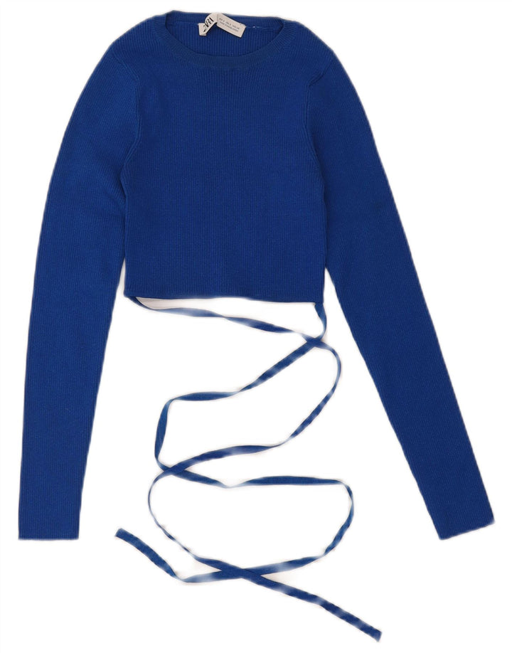 Женский укороченный джемпер с вырезом лодочкой ZARA, Великобритания, 8, маленький синий, вискоза