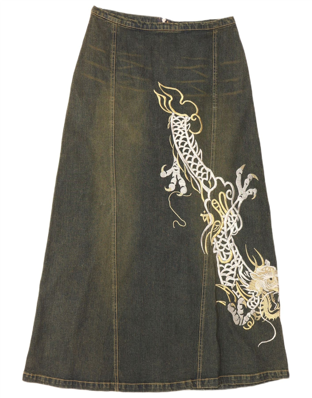 ВИНТАЖНАЯ женская джинсовая юбка с рисунком UK 12, средний W30, синяя, хлопок