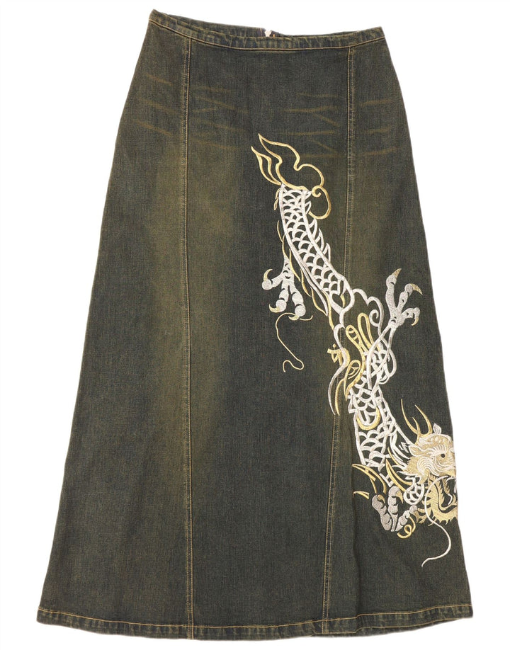 ВИНТАЖНАЯ женская джинсовая юбка с рисунком UK 12, средний W30, синяя, хлопок