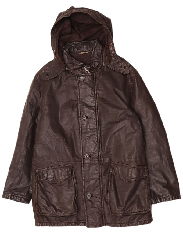 Винтажное мужское кожаное пальто с капюшоном UK 42 XL Коричневое