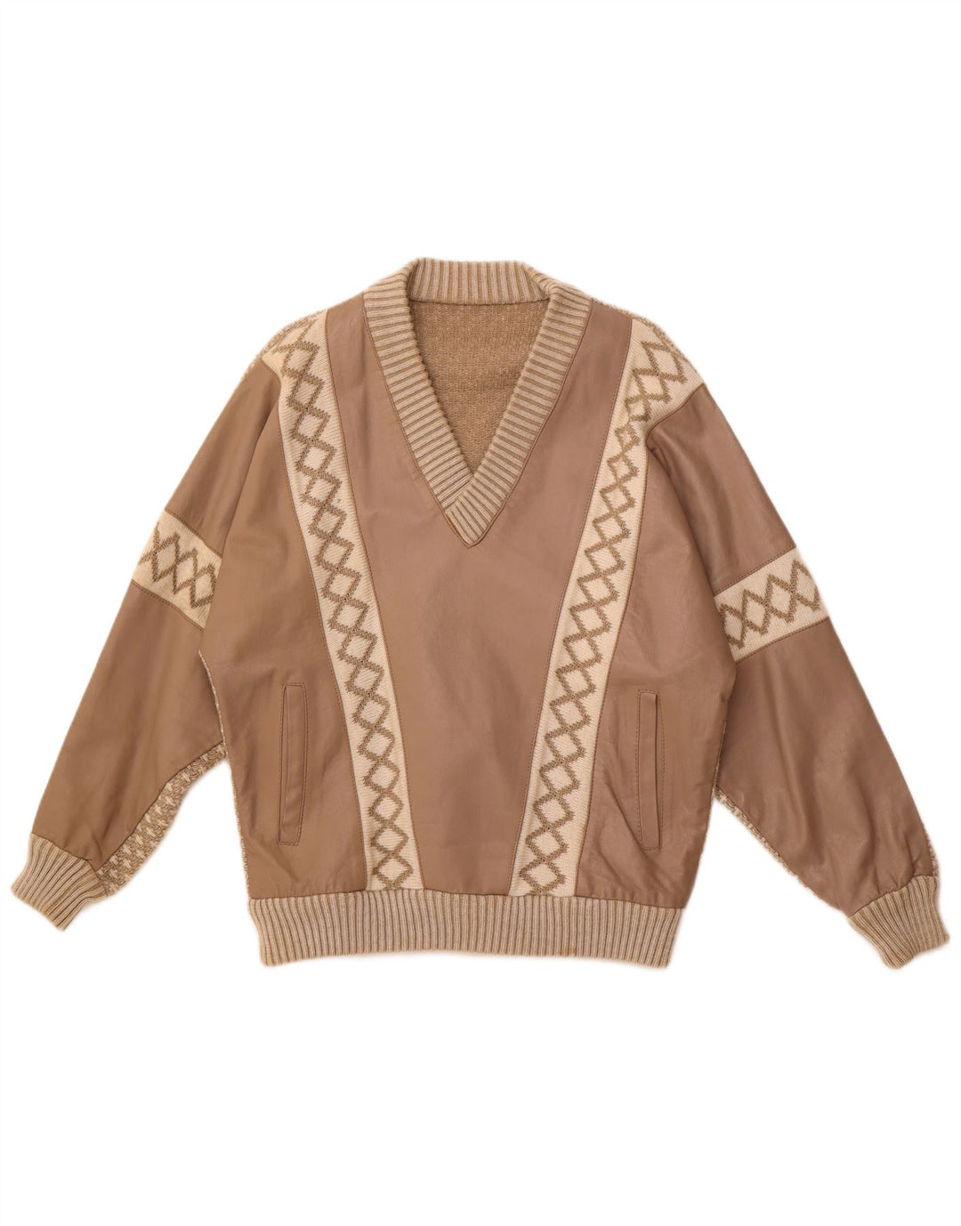 VINTAGE Mens V-Neck Jumper Sweater Medium Beige Geometric