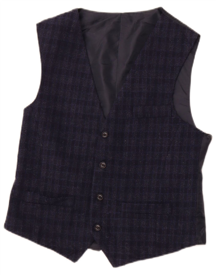 CLAYTON Mens Waistcoat Medium Navy Blue Check Cotton