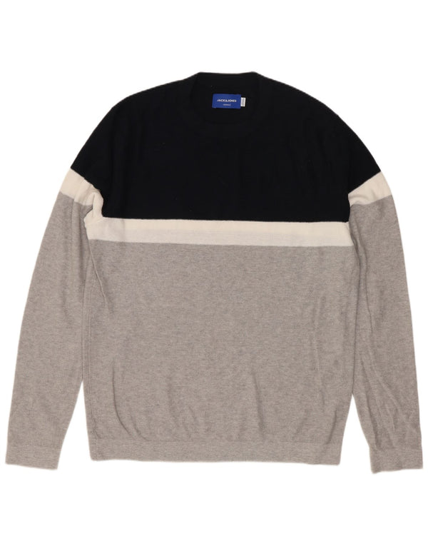 Мужской джемпер с круглым вырезом Jack & Jones, хлопковый свитер среднего серого цвета с цветными блоками