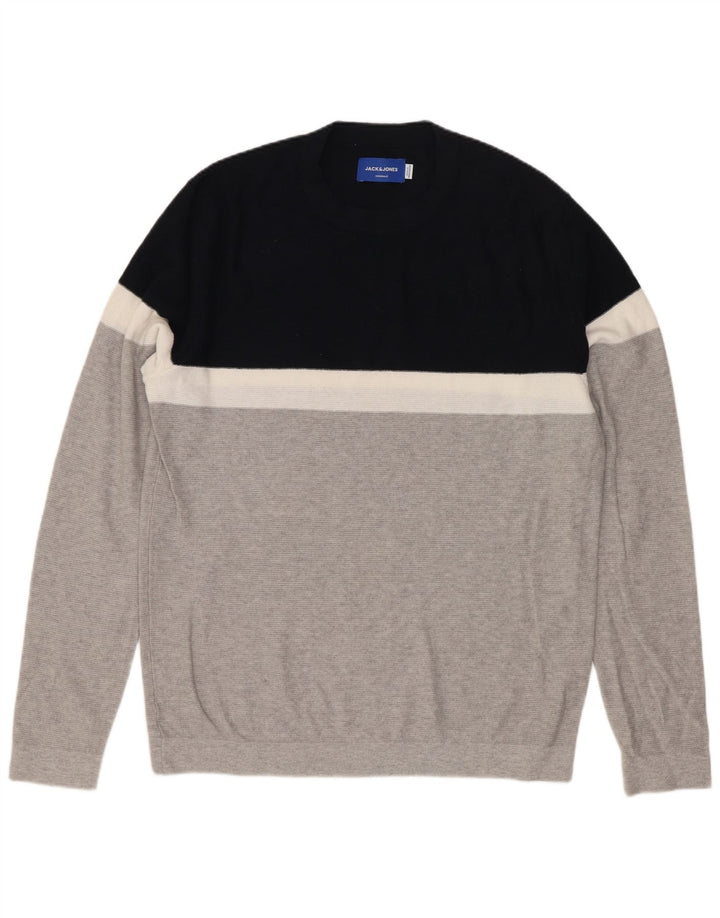 Мужской джемпер с круглым вырезом Jack & Jones, хлопковый свитер среднего серого цвета с цветными блоками