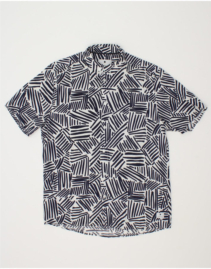 VINTAGE Mens Abstract Pattern Short Sleeve Shirt Large Navy Blue Polyester Vintage Vintage and Second-Hand Vintage from Messina Hembry 