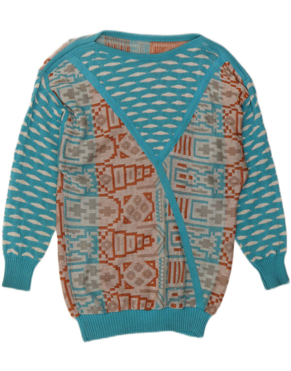 ВИНТАЖНЫЙ женский джемпер с вырезом «лодочка», Великобритания 14, средний синий с геометрическим узором