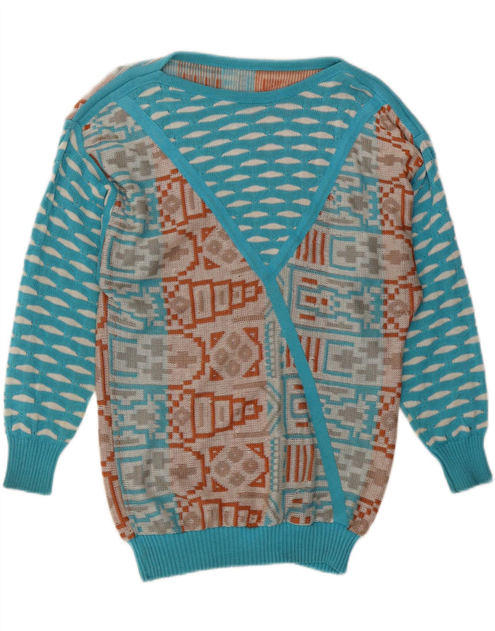 ВИНТАЖНЫЙ женский джемпер с вырезом «лодочка», Великобритания 14, средний синий с геометрическим узором