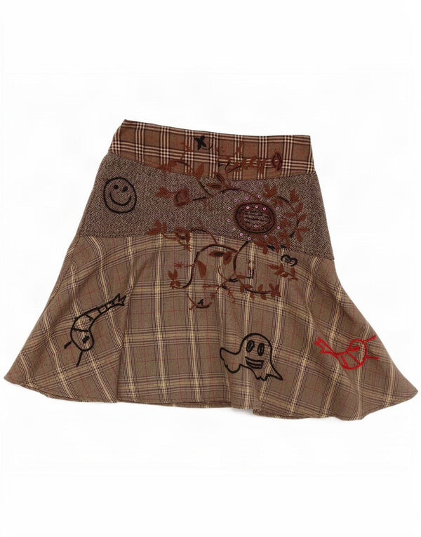 Desigual Womens A-Line Skirt EU 38 Small W28 Brown Check Polyester