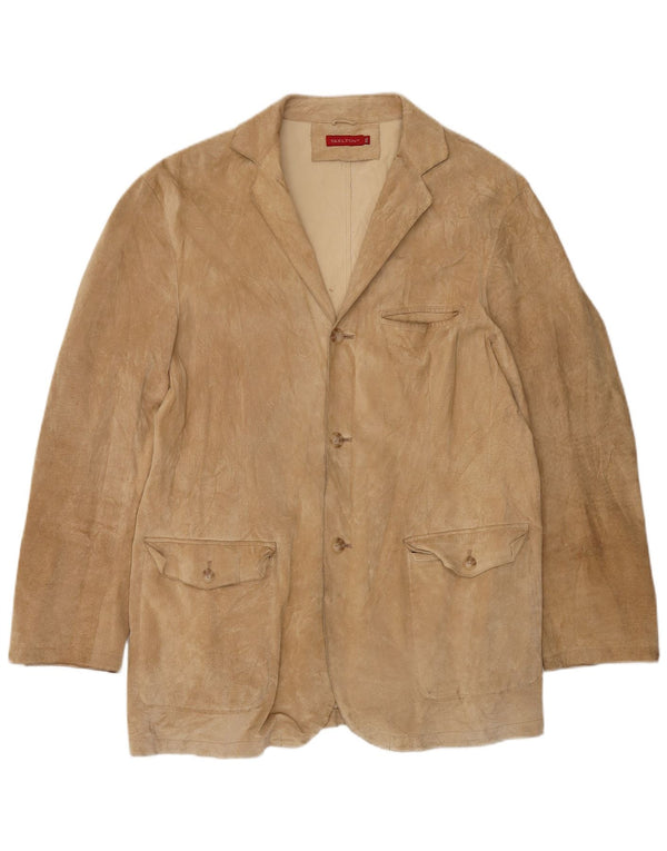 VINTAGE Mens 3 Button Suede Blazer Jacket UK 44 2XL Beige Leather