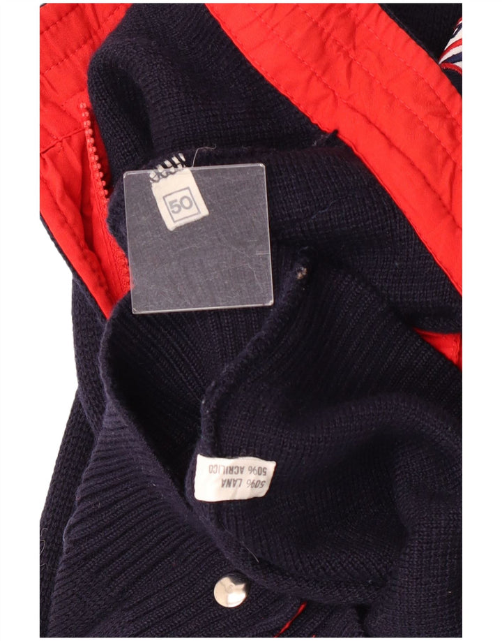 Винтажный мужской свитер-кардиган IT 50, средний темно-синий, шерсть с цветными блоками