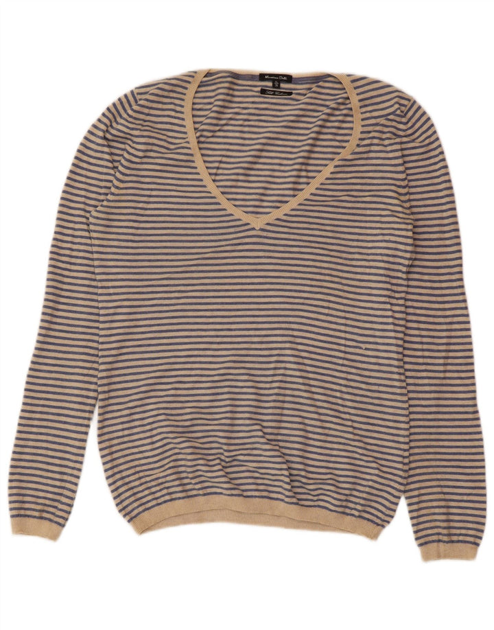 Женский джемпер с v-образным вырезом MASSIMO DUTTI UK 18 XL, кашемир в синюю полоску