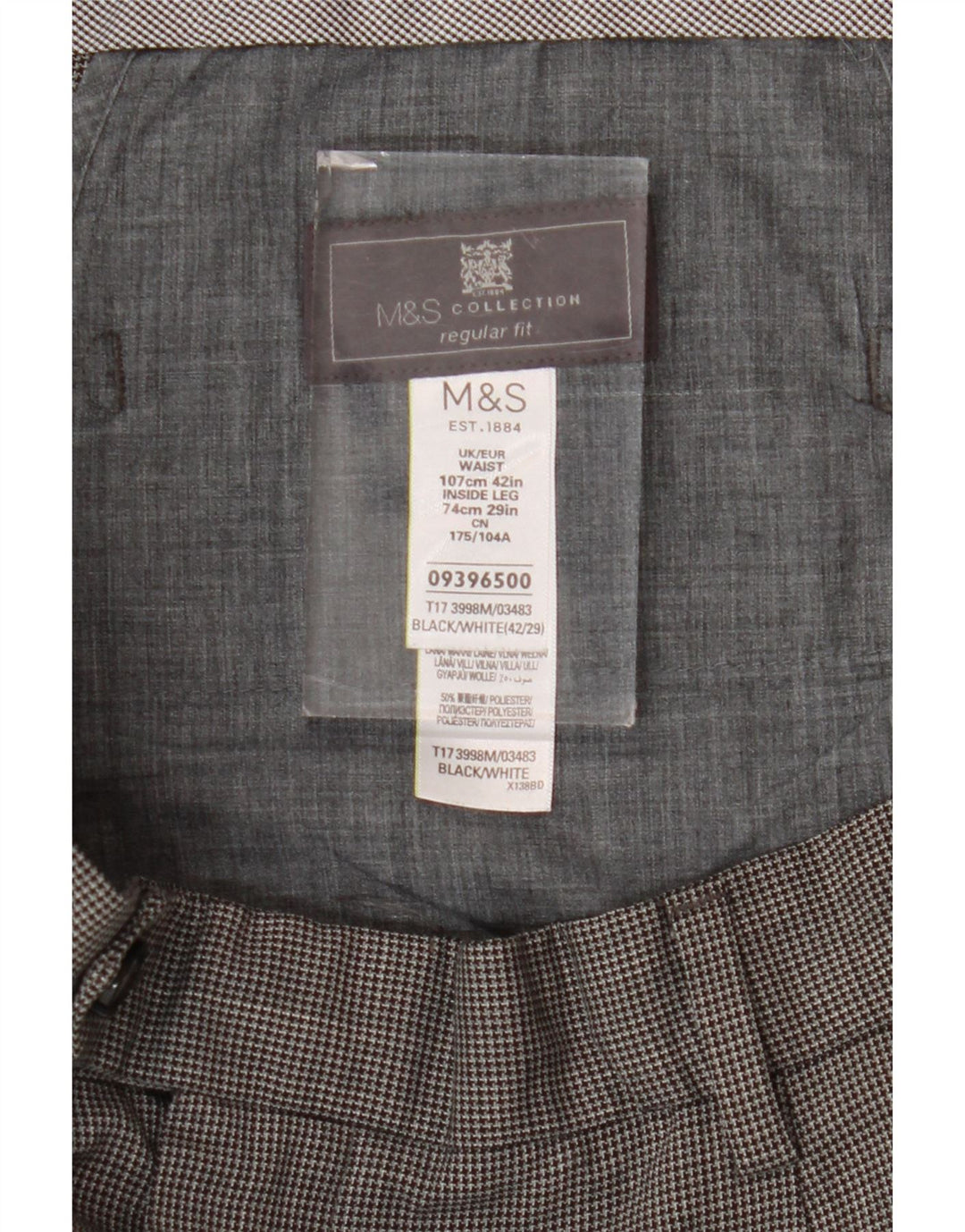 Мужские костюмные брюки классического кроя Marks & Spencer W42 L29 черные с узором "гусиные лапки"